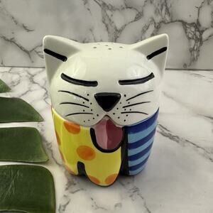 Romero Britto Stacking Cat Salt and Pepper Shaker Set White Blue Ceramic 2008